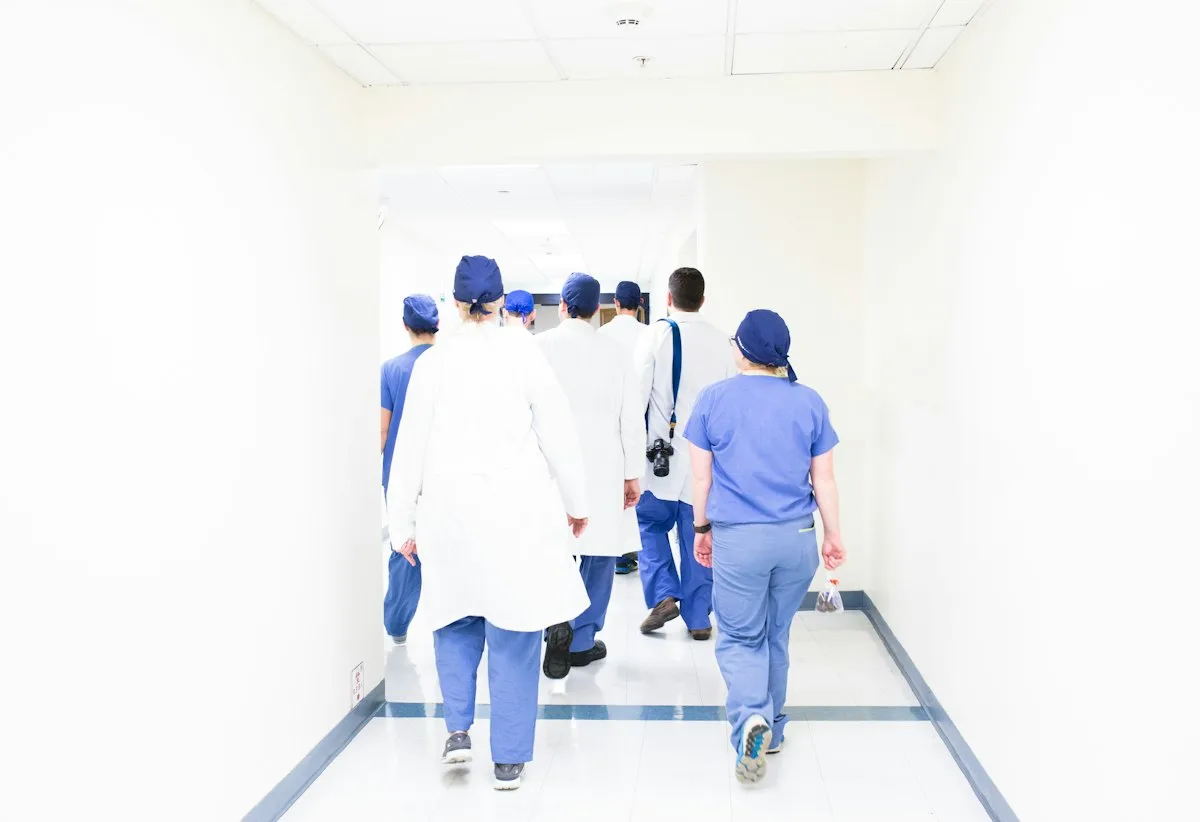 Team of doctors in a hospital corridor